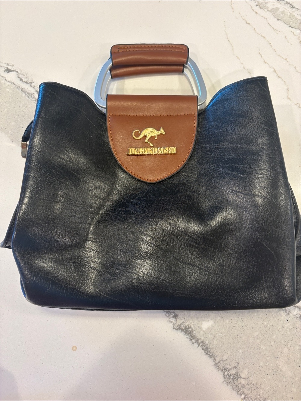 Jingshandianshu Black & Brown Top-Handle Leather Tote 10 by 9